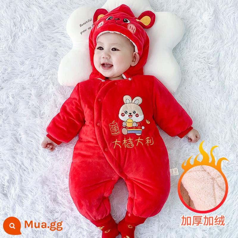 Quần áo năm mới cho bé mùa đông cộng với nhung dày Chúc mừng năm mới áo liền quần sơ sinh Năm mới cho bé mùa đông quần áo cotton năm mới - Chú thỏ may mắn