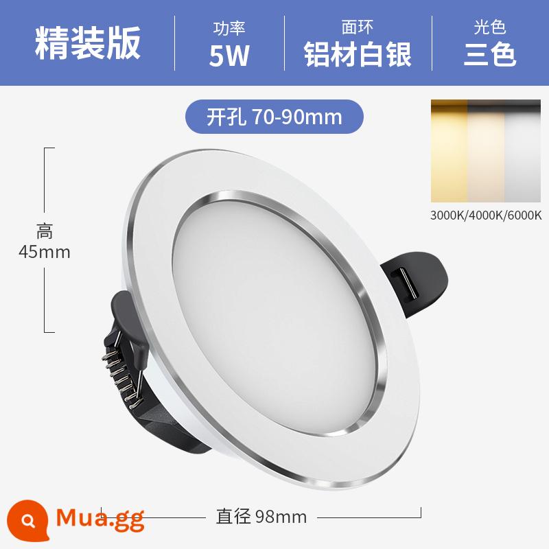 Đèn LED Âm Trần Downlight Âm Trần 6w7.5cm Khoan Đèn Nhúng Phòng Khách Lỗ Ánh Sáng Lỗ Mắt Mèo Đèn Hộ Gia Đình Bull's Eye Light - Bìa cứng nhôm 5W [bạc] ba màu ★ khoan 7-9cm