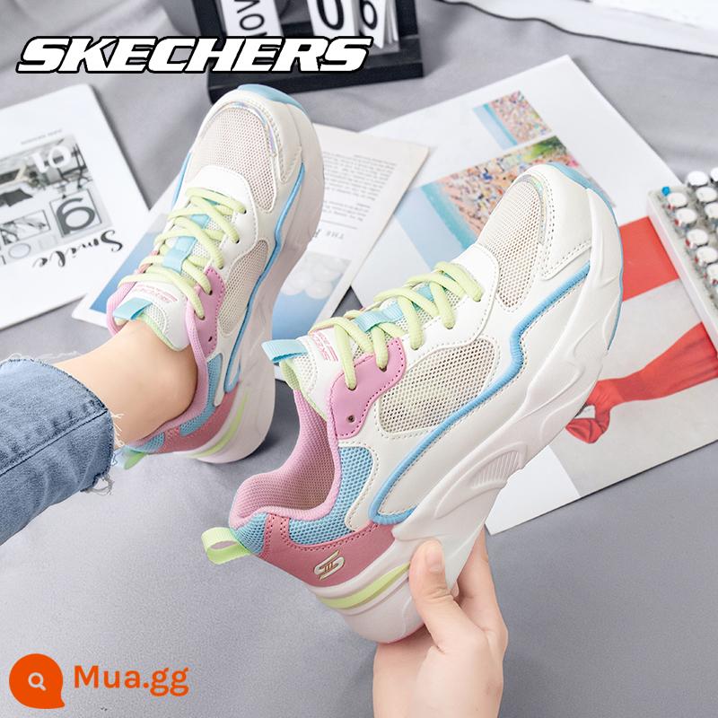 Skechers SKECHERS giày nữ gấu trúc giày trắng chính thức soái hạm Store mùa đông đích thực bố giày giày thể thao nữ - [Phong cách rỗng] Trắng xanh hồng 117043