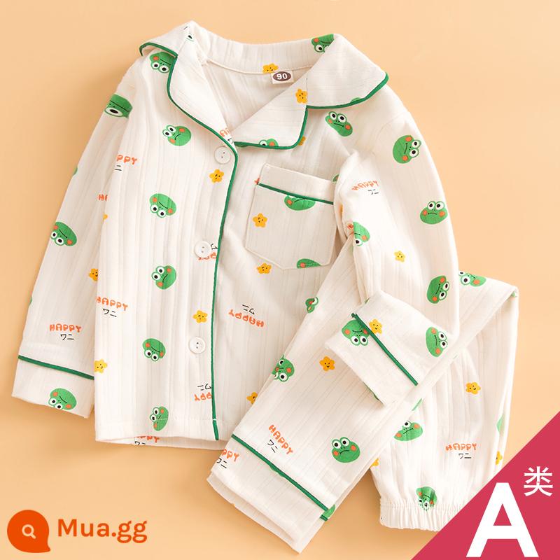 Bộ Đồ Ngủ Trẻ Em Bé Trai Xuân Thu Bé Nhà Bộ Quần Áo Mùa Thu Lớp A Trẻ Em Nguyên Chất Cotton Tay Dài Bé Trai cotton - Áo len cardigan khỏe mạnh Ếch hạnh phúc