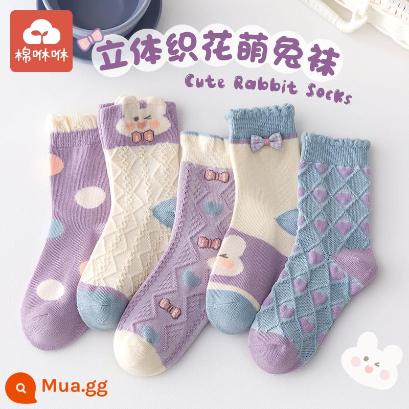 Vớ bé gái cotton nguyên chất mùa thu và mùa đông vớ giữa ống cho bé vớ cotton dày mùa đông vớ trẻ em vớ bé gái mùa xuân và mùa thu vớ trẻ em - Chú thỏ chấm bi-5 đôi [vớ cotton chải kỹ]