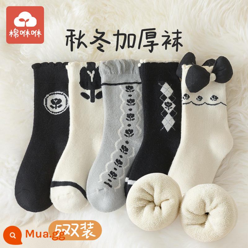 Vớ bé gái mùa đông dày ấm bông tất trẻ em cotton nguyên chất ống giữa vớ cotton mùa thu đông cho bé Plus nhung khăn tất - Công Chúa Hàn Quốc-5 đôi dày dặn mùa đông