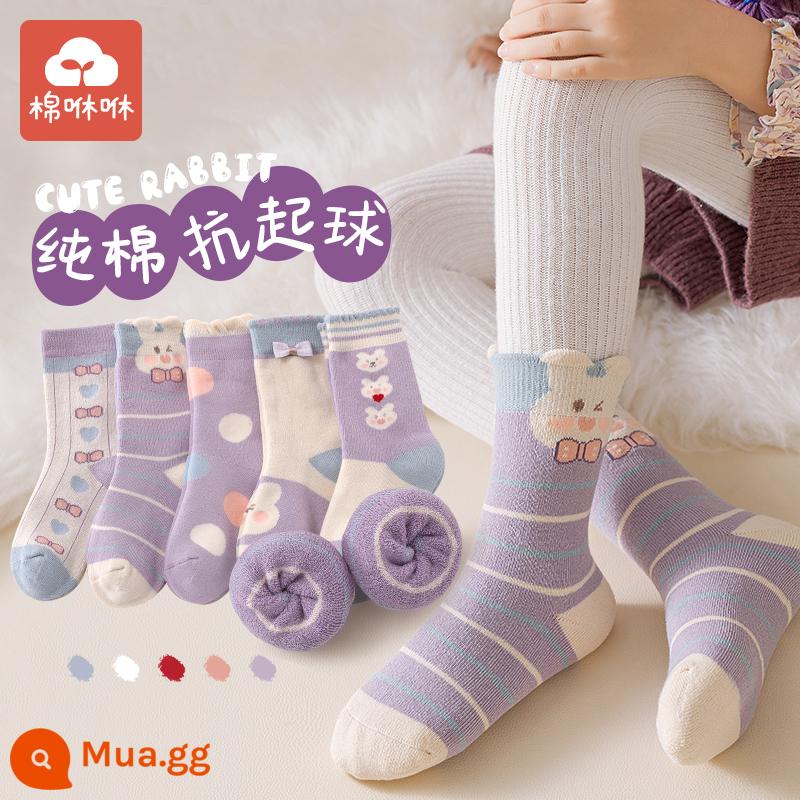 Vớ bé gái cotton nguyên chất mùa thu và mùa đông vớ giữa ống cho bé vớ cotton dày mùa đông vớ trẻ em vớ bé gái mùa xuân và mùa thu vớ trẻ em - Cặp thỏ dễ thương màu tím-5 cặp [vòng dày và sang trọng]