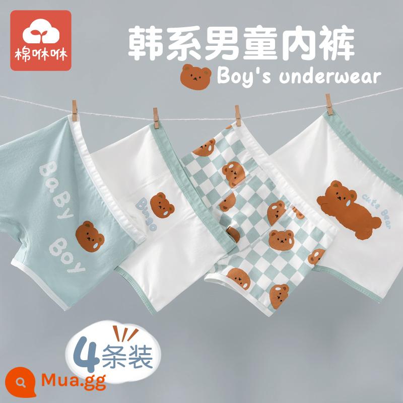 Quần lót bé trai cotton nguyên chất, quần lót boxer bé trai cỡ lớn, quần đùi bé trai không véo mông, quần lót boxer cotton trẻ em loại A - Gói 4 chú gấu nhỏ Hanhan