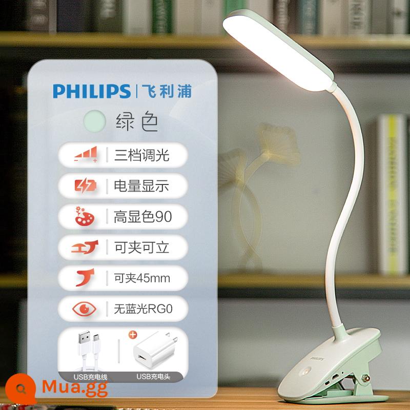 Philips Clip Đèn bàn đèn LED Đèn bảo vệ mắt sạc đèn bàn nhỏ Kẹp bàn học tập của học sinh để đọc đèn giường ngủ - [Mẫu nâng cấp hình thanh | Màu xanh lá cây + đầu sạc] 1800 mAh + màn hình nguồn + sạc và cắm sử dụng kép