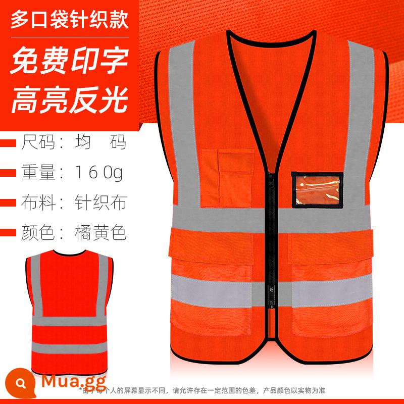 Quần áo phản quang vest an toàn xây dựng vest vệ sinh công trường huỳnh quang dệt kim lưới ban đêm giao thông hậu cần áo liền quần - Nhiều túi đan màu cam