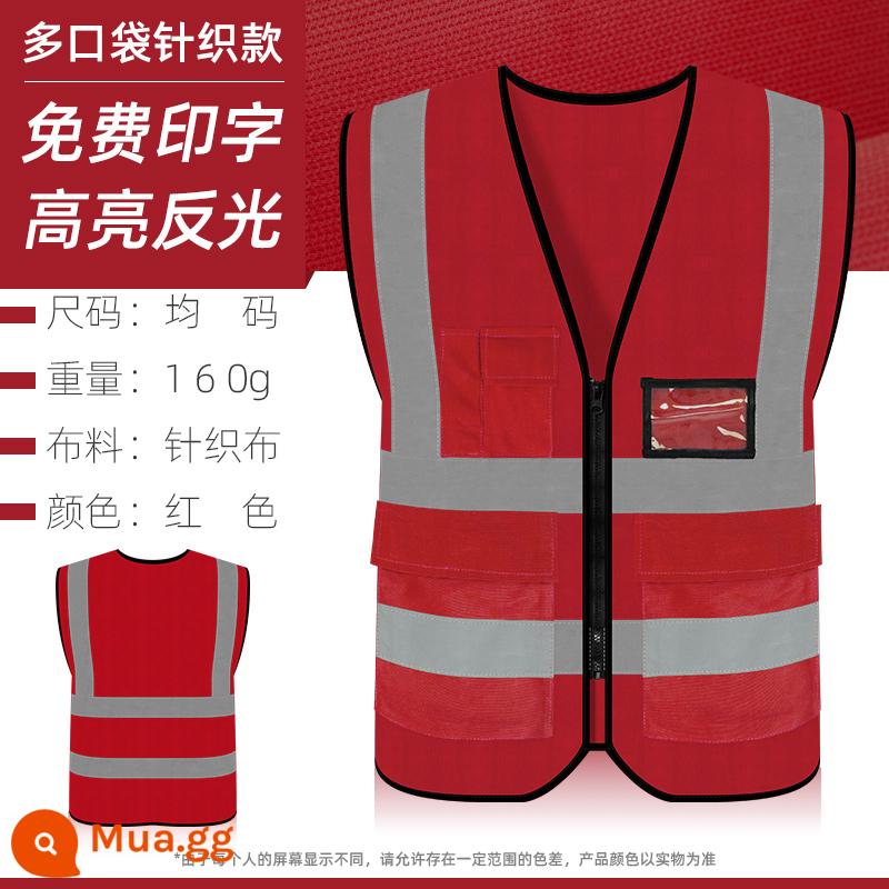 Quần áo phản quang vest an toàn xây dựng vest vệ sinh công trường huỳnh quang dệt kim lưới ban đêm giao thông hậu cần áo liền quần - Áo đan nhiều túi - đỏ