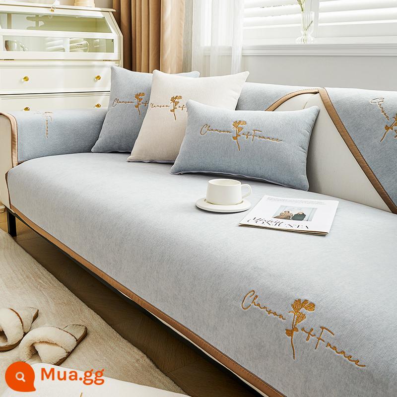 Chenille sofa đệm bốn mùa đa năng đệm ghế chống trượt tối giản hiện đại bọc ghế sofa da bao gồm tất cả vải bọc phổ quát - Hoa trà thêu-Xanh xám