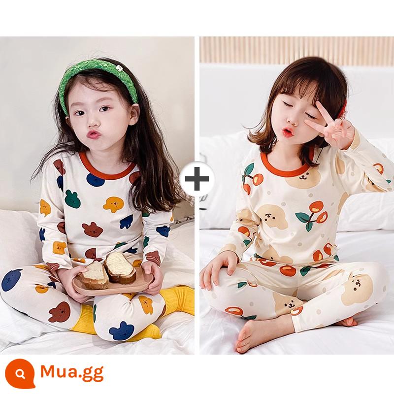 Bộ quần áo mùa thu và quần vệ sinh bé trai, đồ ngủ trẻ em cotton mỏng nguyên chất, bộ đồ lót bé gái, quần áo giữ nhiệt cotton bé trai - [Phong cách xuân thu] Gấu Hanhan đầy màu sắc + Gấu anh đào hoa mai