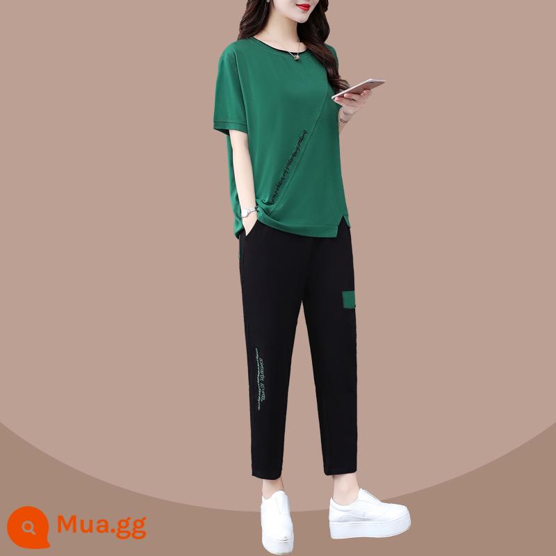 Mùa Hè 2022 Mới Size Lớn Rời Bộ Đồ Thể Thao Nữ Tây Học Cotton Nguyên Chất 2 Thời Trang Mùa Hè phần Mỏng - bộ đồ màu xanh lá cây