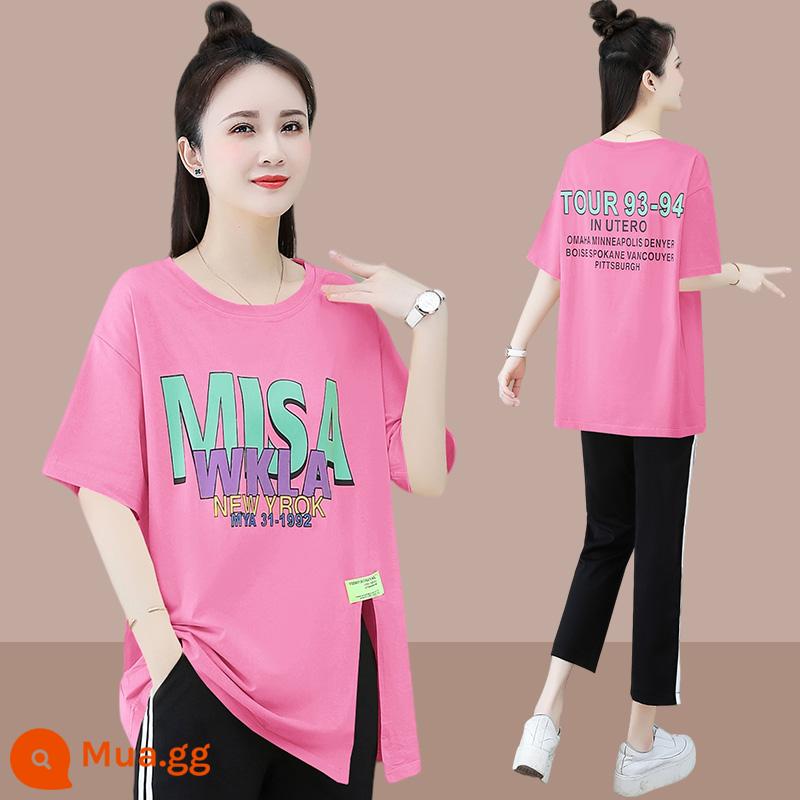 Cotton Nguyên Chất Thời Trang Nữ Mùa Hè 2023 Mới Mỡ Mm Rời Size Lớn Ôm Thời Trang Cổ Tròn 2 bộ - Nhóm 1676+1406 #bộ đồ màu hồng