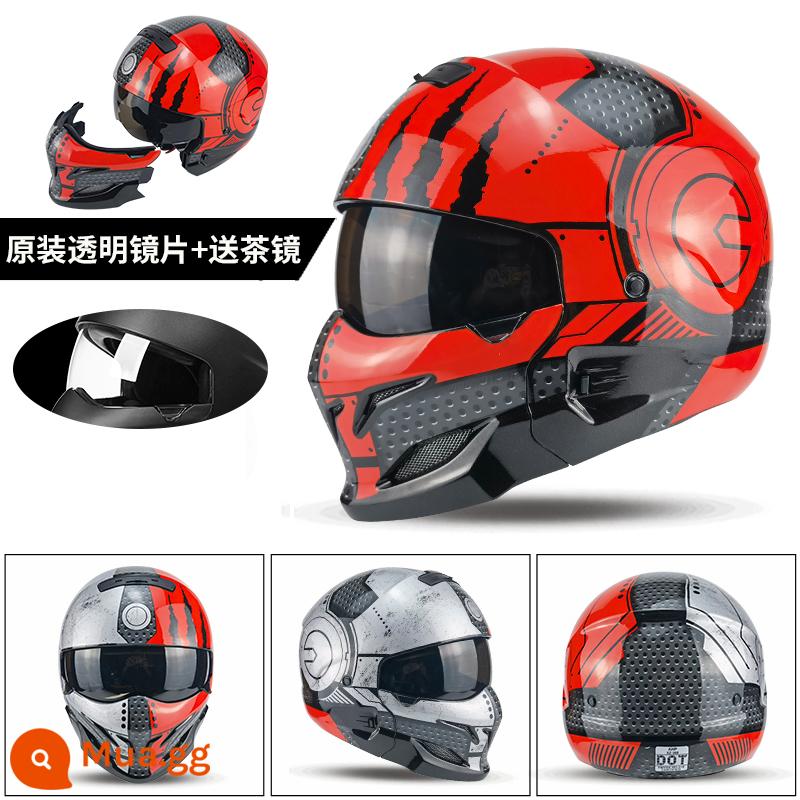 Mũ bảo hiểm Bọ cạp màu đen đầy đủ -Cover Harley Retro Motorcycle Semi -helmet Four Seasons - Mecha màu đỏ và xám + ống kính màu nâu