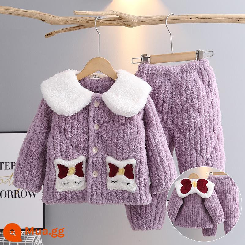 Bộ đồ ngủ trẻ em mùa thu và mùa đông cộng với nhung ba lớp chần bông cho bé gái Bộ đồ flannel dày lông cừu san hô quần áo mặc ở nhà cho trẻ lớn - nơ lớn màu tím