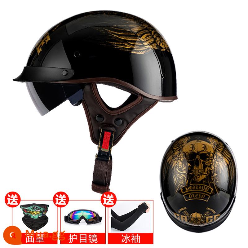 Alienmoto Mũ Retro Muỗng Mũ Bảo Hiểm Mùa Hè Mũ Bảo Hiểm Nửa Nam Nữ Điện Đầu Máy Xe Máy Harley Hoàng Tử Mỹ Đầu Máy - hộp sọ vàng đen