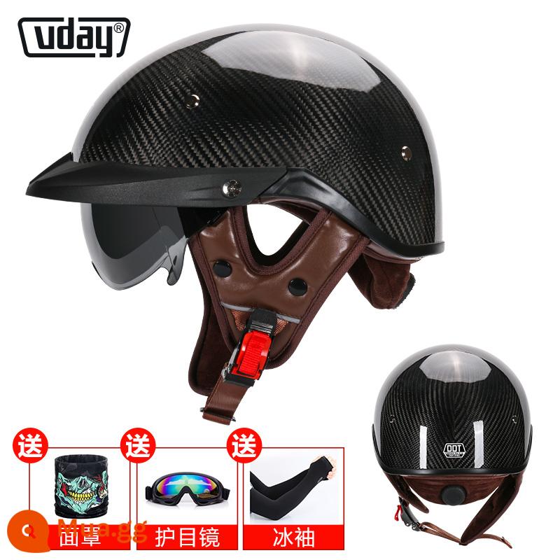 Alienmoto Mũ Retro Muỗng Mũ Bảo Hiểm Mùa Hè Mũ Bảo Hiểm Nửa Nam Nữ Điện Đầu Máy Xe Máy Harley Hoàng Tử Mỹ Đầu Máy - Sợi carbon sáng 3K (có thể điều chỉnh độ kín)