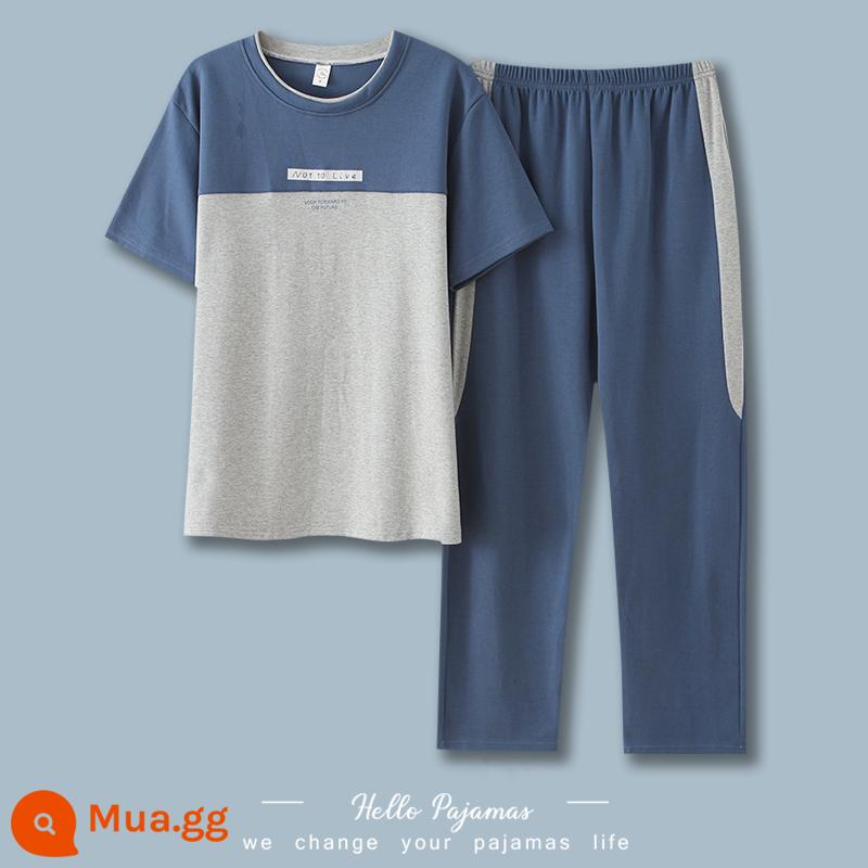 Langsha Bộ đồ ngủ nam mùa hè cotton nguyên chất quần ngắn tay mặc nhà nam mùa hè cotton mỏng kích thước lớn phù hợp với - QKM5225