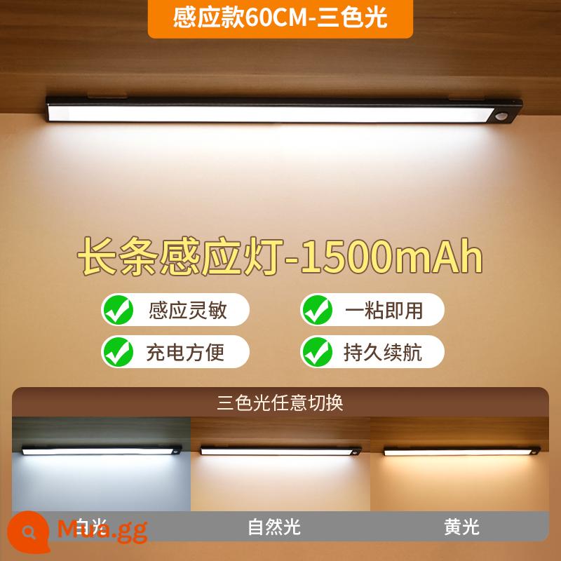 Đèn LED cảm ứng cơ thể con người với dải ánh sáng sạc nhà bếp tủ quần áo tủ giày cổng hút từ tính không dây tự dính tổng thể đèn tủ - [Khuyến nghị cho cửa ra vào] [Ba màu nhôm] 60cm ba màu [Sạc/Cảm ứng/Luôn bật/Làm mờ và điều chỉnh màu]