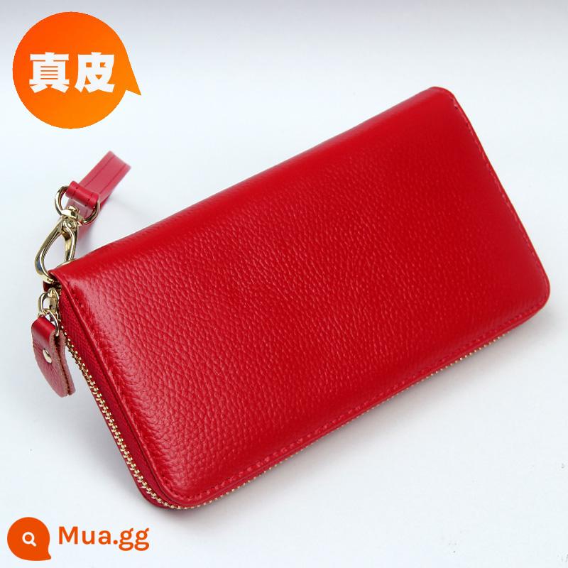 Ví Màu Vàng Da Thật Nữ Phiên Bản Dài May Mắn Công Suất Lớn Túi Clutch Dây Kéo Ví Nữ Túi Xách Da Mới - Khóa kéo đơn, mặt trơn màu đỏ, mấu kéo bằng da