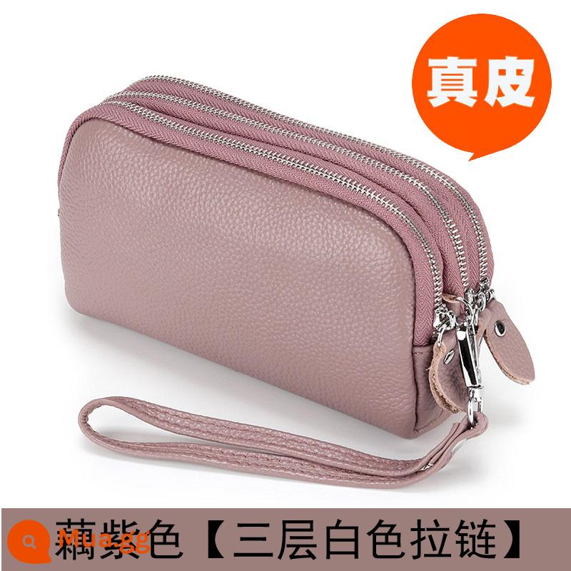 Ví nữ dây kéo 3 lớp da thật ví nữ dáng dài Clutch dung tích lớn Túi nhỏ đựng được điện thoại Lớp trên cùng da bò mềm - Dây kéo màu trắng, tím khoai môn, dài vừa phải