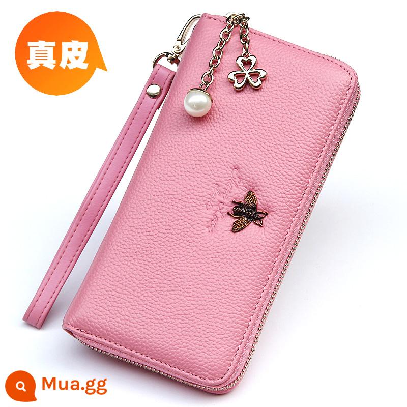 Ví Màu Vàng Da Thật Nữ Phiên Bản Dài May Mắn Công Suất Lớn Túi Clutch Dây Kéo Ví Nữ Túi Xách Da Mới - Khóa kéo đơn, ngọc trai cỏ ba lá ong hồng