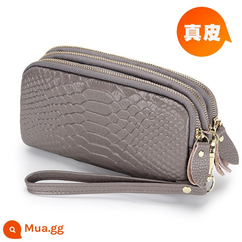 Ví nữ dây kéo 3 lớp da thật ví nữ dáng dài Clutch dung tích lớn Túi nhỏ đựng được điện thoại Lớp trên cùng da bò mềm - Cá sấu xám, dây kéo vàng nhạt, dài vừa phải