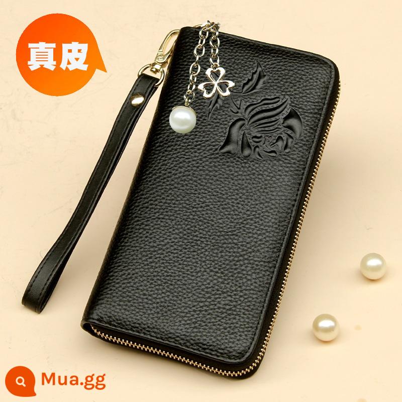 Ví Màu Vàng Da Thật Nữ Phiên Bản Dài May Mắn Công Suất Lớn Túi Clutch Dây Kéo Ví Nữ Túi Xách Da Mới - Khóa kéo đơn, hoa hồng đen nhỏ, thẻ kéo hình cỏ ba lá