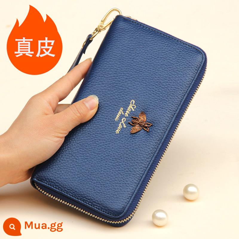 Ví Màu Vàng Da Thật Nữ Phiên Bản Dài May Mắn Công Suất Lớn Túi Clutch Dây Kéo Ví Nữ Túi Xách Da Mới - Khóa kéo đơn, màu xanh sapphire, mấu kéo bằng da