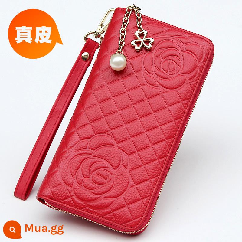 Ví Màu Vàng Da Thật Nữ Phiên Bản Dài May Mắn Công Suất Lớn Túi Clutch Dây Kéo Ví Nữ Túi Xách Da Mới - Dây kéo đơn, ngọc trai ca rô đỏ Trung Quốc