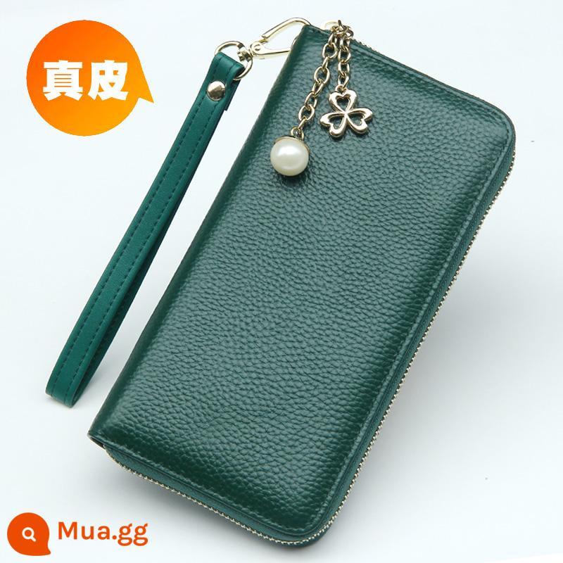 Ví Màu Vàng Da Thật Nữ Phiên Bản Dài May Mắn Công Suất Lớn Túi Clutch Dây Kéo Ví Nữ Túi Xách Da Mới - Khóa kéo đơn, mặt trong màu xanh rêu, mấu kéo hình cỏ ba lá