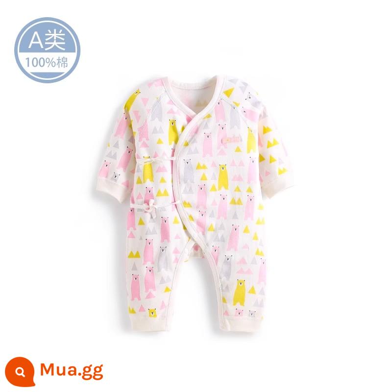 Quần áo cotton nguyên chất cho bé sơ sinh, áo liền quần có dây buộc mùa xuân thu, bé sơ sinh 0 đến 3 tháng đầy tháng, quần áo mùa xuân cho bé nam và nữ - MC1064 màu hồng