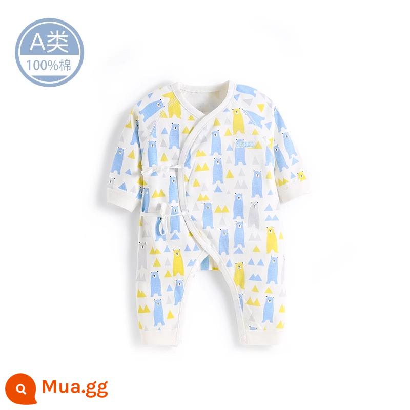 Quần áo cotton nguyên chất cho bé sơ sinh, áo liền quần có dây buộc mùa xuân thu, bé sơ sinh 0 đến 3 tháng đầy tháng, quần áo mùa xuân cho bé nam và nữ - MC1064 màu xanh