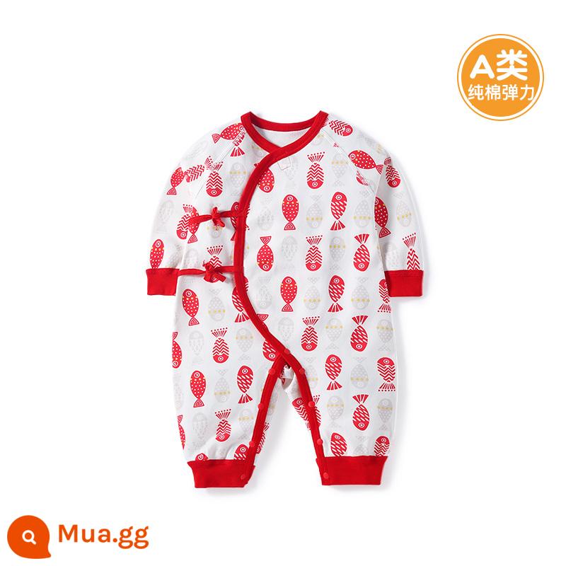 Quần áo cotton nguyên chất cho bé sơ sinh, áo liền quần có dây buộc mùa xuân thu, bé sơ sinh 0 đến 3 tháng đầy tháng, quần áo mùa xuân cho bé nam và nữ - MQ2125 màu đỏ