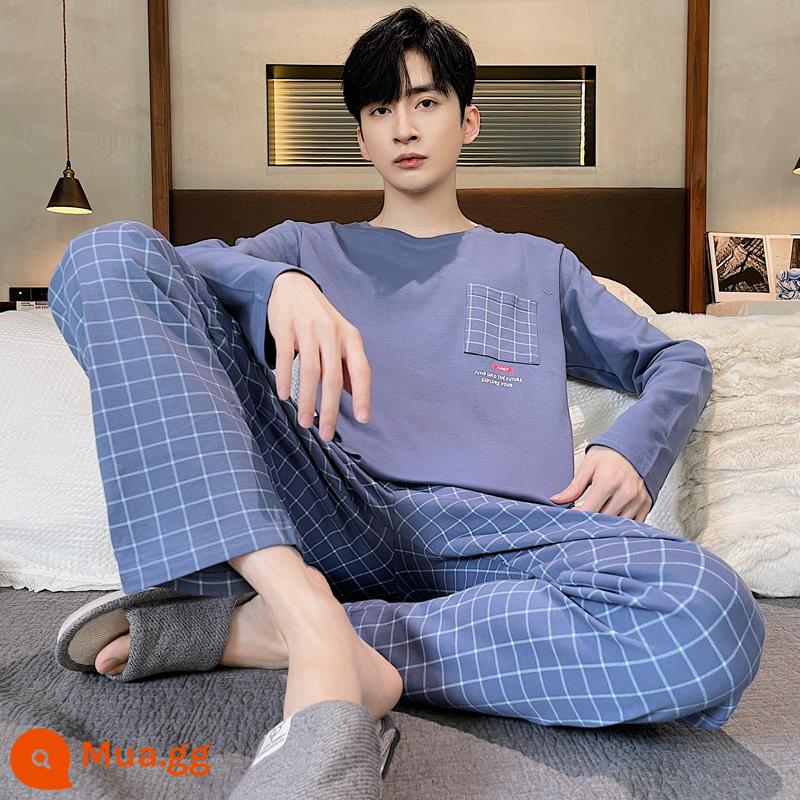 Bộ đồ ngủ nam Zhengqin dài tay mùa xuân và mùa thu cotton nguyên chất thanh niên cotton nguyên chất đơn giản cho nam giới mặc nhà mùa thu đông - 9631 màu xanh