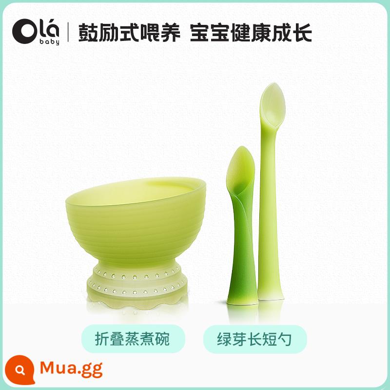 olababy thìa cho bé sơ sinh bộ đồ ăn cho bé bằng silicone mềm thìa không chủ yếu đựng thức ăn bát học tập ăn tập dụng cụ - Bát hấp và nấu ăn đa năng (bát không cốc hút, có thể gập lại) + thìa dài và ngắn