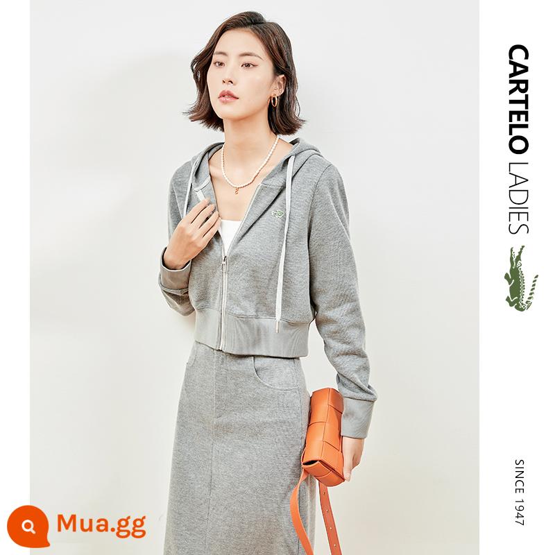 Kadele cá sấu thời trang phù hợp với nữ thu đông rời 2022 mới cardigan cotton dày T váy 2 bộ - xám