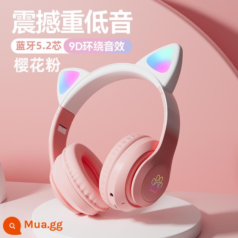 Tai mèo bluetooth gắn trên đầu tai nghe không dây mới bé gái trẻ em máy tính chơi game nhỏ gọn - Phiên bản cao cấp màu hồng gradient [Chip Bluetooth 5.2 + Chất lượng âm thanh HD + Bộ lưu trữ có thể gập lại]