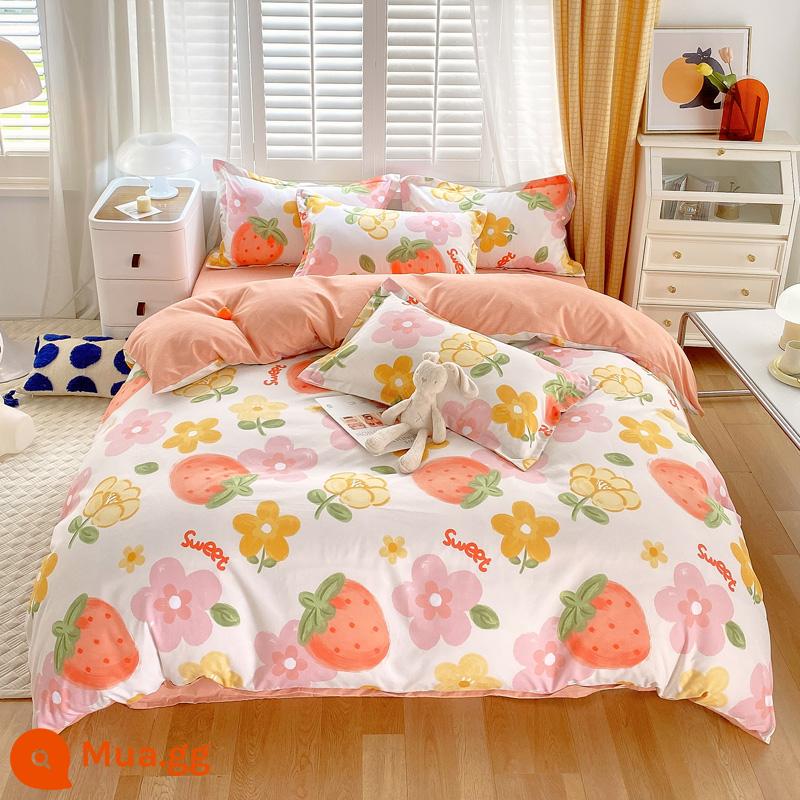 Bộ 4 món cotton 100 cotton nguyên chất Vỏ chăn thân thiện với làn da sinh viên ký túc xá Bộ 3 bộ 4 mùa chăn ga gối đệm đơn giản 3 - Dâu ngọt [Bông loại A dành cho bà mẹ và trẻ sơ sinh]