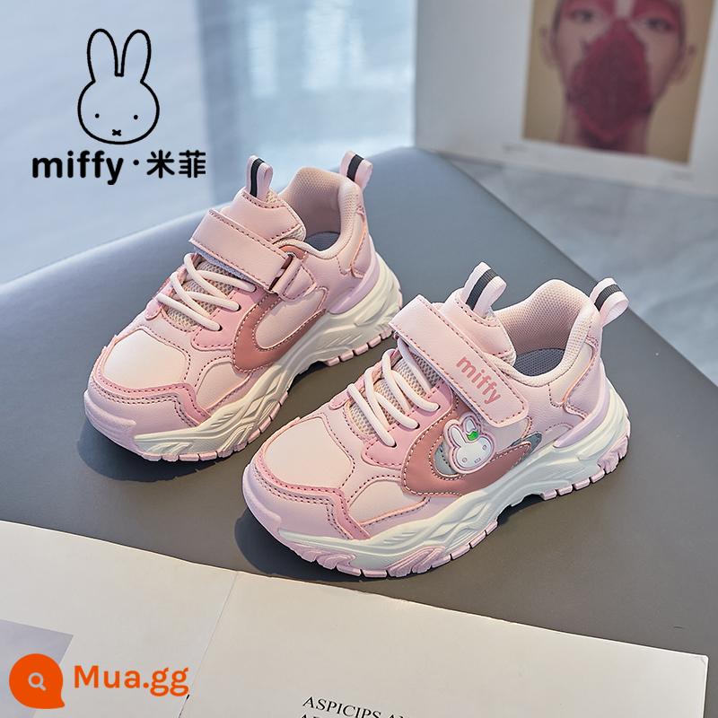 Giày bé gái Miffy Miffy mùa xuân và mùa thu 2023 giày chạy bộ thoáng khí Velcro mới giày thể thao lưới trẻ em - Bột dâu (kiểu da)