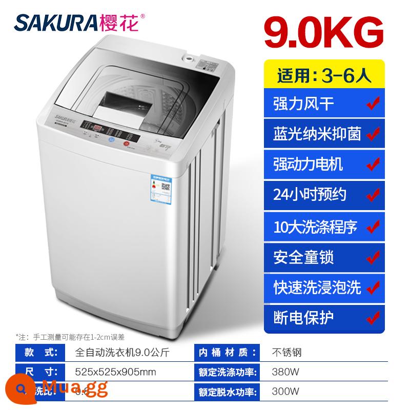 Máy giặt hoàn toàn tự động Sakura 8KG 7.5KG lồng giặt gia đình ký túc xá nhỏ em bé và trẻ nhỏ sấy công suất lớn - 9,0kg Làm khô không khí mạnh mẽ và khử trùng bằng ánh sáng xanh