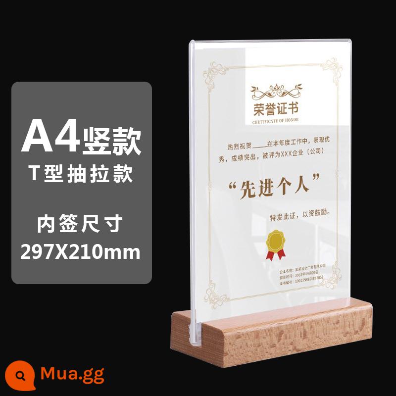 Khung giấy A4 khung ảnh bảng acrylic hiển thị đóng khung giấy chứng nhận đóng khung thẻ chứng nhận bằng sáng chế hai mặt trong suốt - Đế gỗ kéo chữ T (kiểu đứng)