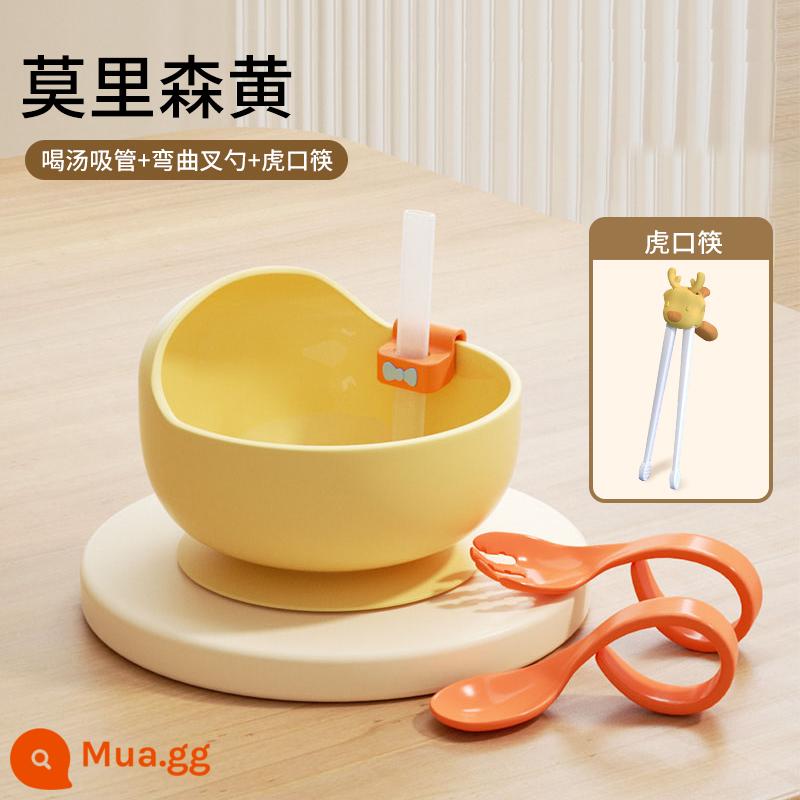 Bowl trẻ em Bowl đặc biệt không có thức ăn - [Mua 1 bộ] Vàng Carlo + Ống Hút Canh + Thìa Tập Khuỷu Tay + Đũa Miệng Hổ