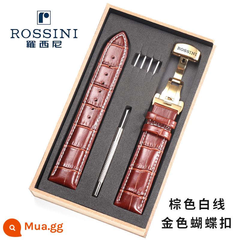 Dây đồng hồ da thật Rossini da bò chống mồ hôi nguyên bản màu xanh 616725 8633 5715 SR6461 nam 21mm - Sợi trắng nâu + khóa bướm vàng