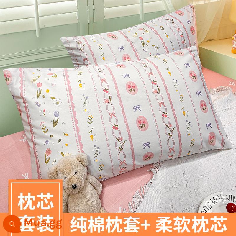 Gối cotton nguyên chất có vỏ gối lõi gối gia dụng bảo vệ đốt sống cổ hỗ trợ giấc ngủ cotton nguyên chất ký túc xá sinh viên đại học đơn nam đôi - [Vỏ gối + lõi gối] Fangcaoji