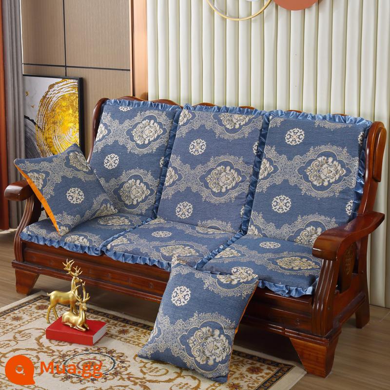 Đệm sofa gỗ đặc kết hợp chống trượt đa năng Đệm bọt biển dày ba chỗ có tựa lưng Đệm ghế gỗ kiểu cũ một mảnh - Chenille Bắc Âu-Xanh (Chenille)