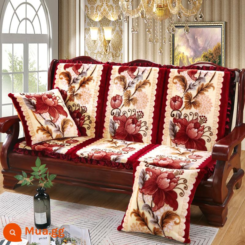 Đệm sofa gỗ đặc kết hợp chống trượt đa năng Đệm bọt biển dày ba chỗ có tựa lưng Đệm ghế gỗ kiểu cũ một mảnh - Ánh trăng trong đầm sen đỏ (Raschel)