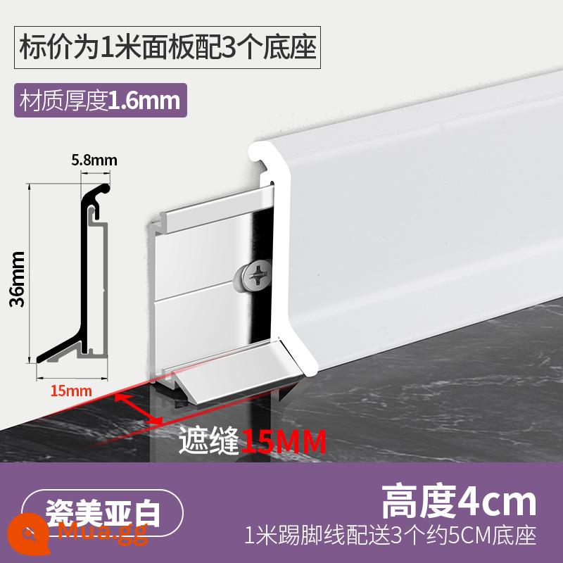 Tấm ốp chân tường bằng hợp kim nhôm 6/8cm cực hẹp màu đen khóa kiểu mới dán chân đường viền chân tường kim loại hình vòng cung đường viền chân tường bằng thép không gỉ - Dòng sản phẩm nhẹ sang trọng-[Độ dày 1.6mm] Cao 4cm Giá mỗi mét-Sứ Meiya Trắng