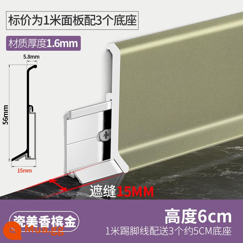 Tấm ốp chân tường bằng hợp kim nhôm 6/8cm cực hẹp màu đen khóa kiểu mới dán chân đường viền chân tường kim loại hình vòng cung đường viền chân tường bằng thép không gỉ - Dòng cao cấp nhẹ - [dày 1.6mm] cao 6cm giá 1m - Sứ Đẹp Vàng Champagne