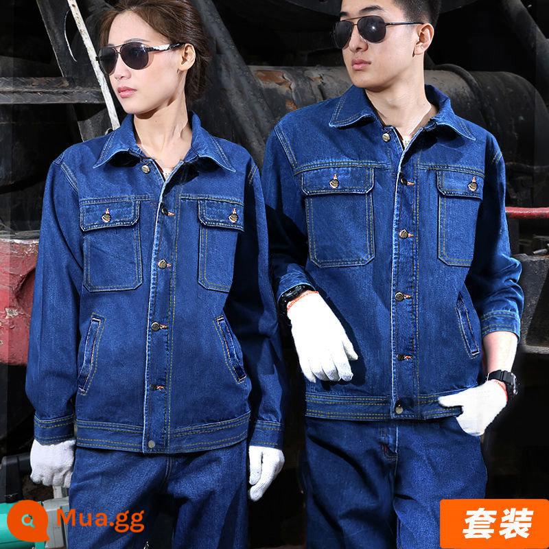 Bộ quần áo bảo hộ lao động mùa xuân thu cho nam, cotton nguyên chất, hàn, cổ đứng, denim, quần áo bảo hộ lao động chống bỏng và chống mài mòn, quần áo bảo hộ lao động thợ hàn cho nam - Kiểu nút B05 (áo + quần)