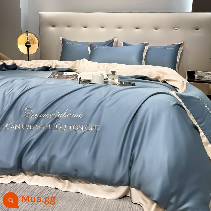 Catman Ice Silk Bộ 4 Món Lụa Trơn Ngủ Khỏa Thân Tencel Vỏ Chăn Light Sang Trọng Cao Cấp Ga Giường Summer Giường Bộ 3 Món 4 - Trà sữa Manson-Bentley Blue + [Che nóng, ngủ mượt mà trần trụi, suốt đêm không đổ mồ hôi]