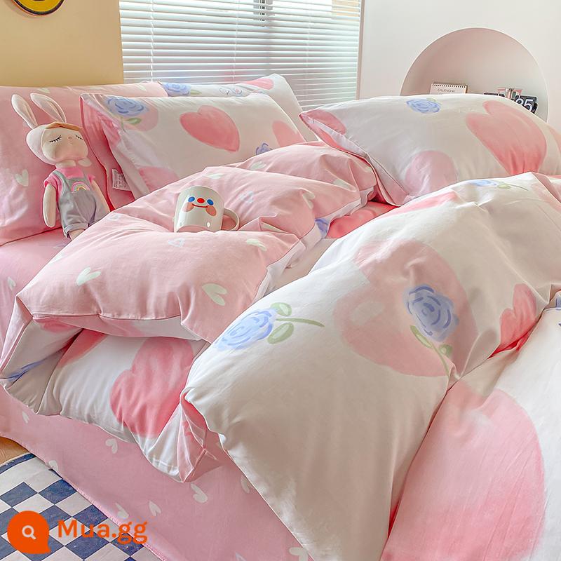 Hoạt Hình Giường Cotton Nguyên Chất Bộ 4 Món 100 Giường Cotton Đơn Vỏ Chăn Ins Ký Túc Xá Dày Chải Giường 3 Bộ - Love Heart (bông thân thiện với da, một hàng giả sẽ bị trừng phạt mười)